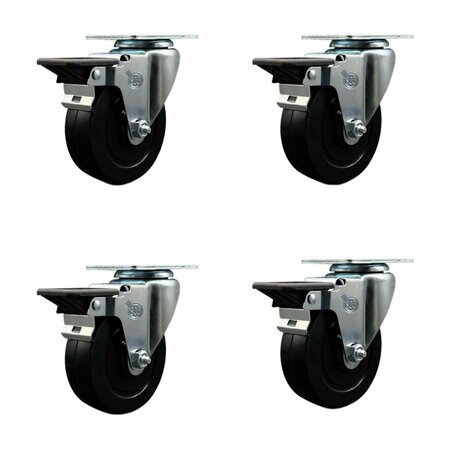 SERVICE CASTER 4'' Soft Rubber Wheel Swivel Top Plate Caster Set with Posi Brake, 4PK SCC-20S414-SRS-PLB-4
